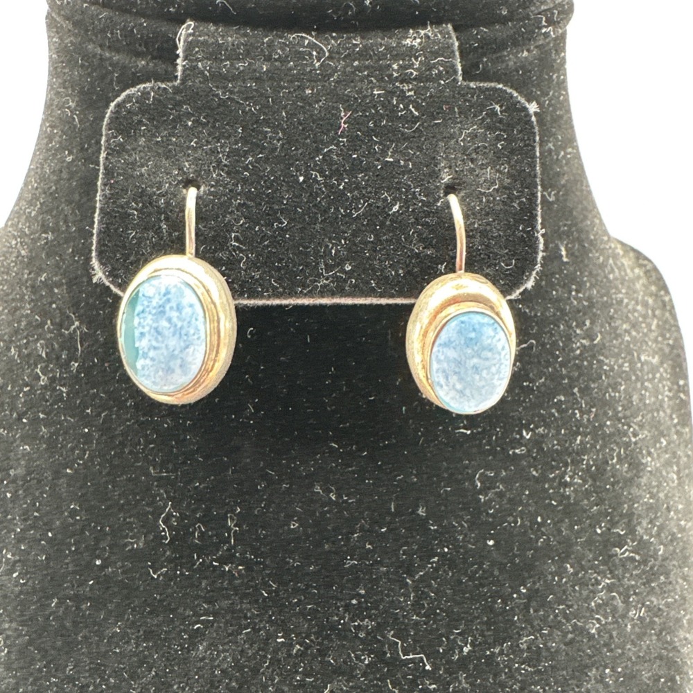 Sterling Silver Blue Stone Oval Dangle‎ Earrings 925 Mexico